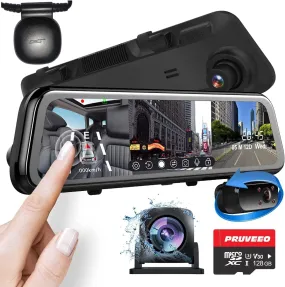 PRUVEEO 12'' Triple Mirror Dash Cam, Front inside and Rear 3 Channel Full Touch Screen Rear View Mirror Backup Camera, IR Night Vision(Sony Sensor), GPS, Parking Assistance, with 128GB Card