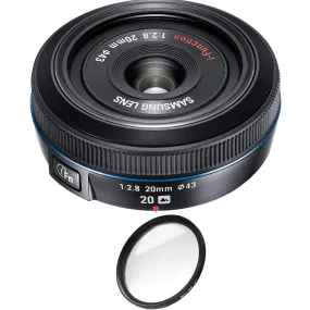 Samsung 20mm f/2.8 Pancake Lens for NX10 / NX100 (Black) with Pro Filter (Renewed) - Reconditioned